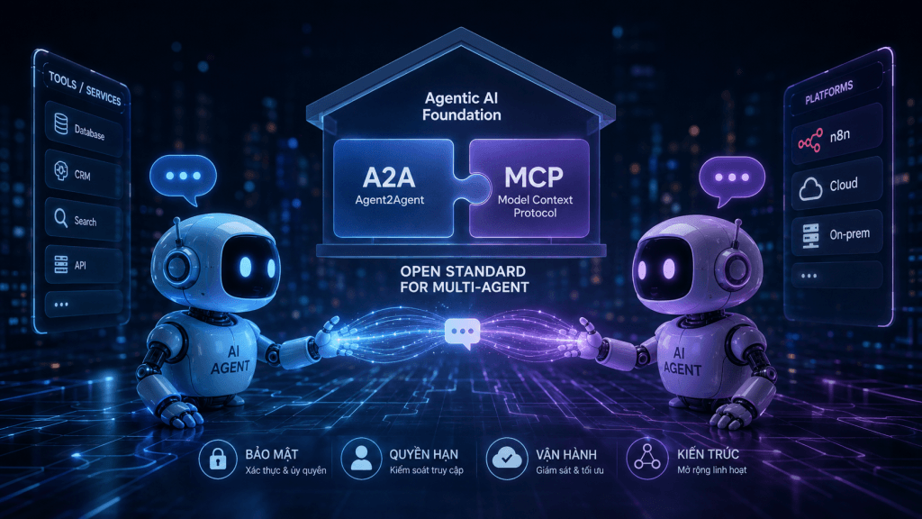 Phân tích A2A và MCP: chuẩn giao tiếp AI Agent, tác động tới n8n, Cloud, bảo mật và kiến trúc Multi-Agent.