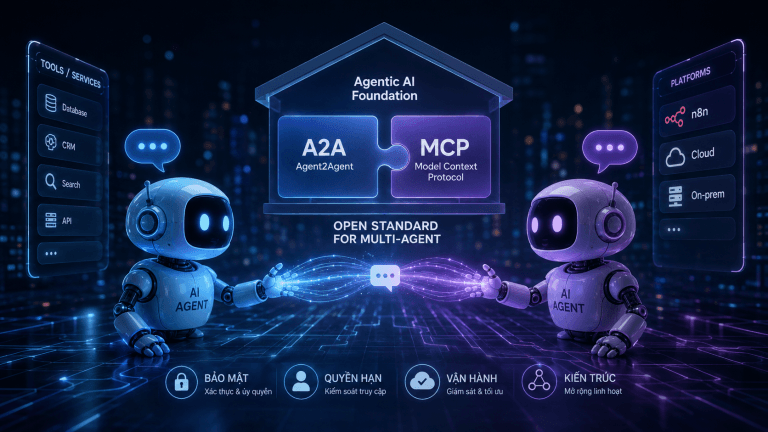 Phân tích A2A và MCP: chuẩn giao tiếp AI Agent, tác động tới n8n, Cloud, bảo mật và kiến trúc Multi-Agent.