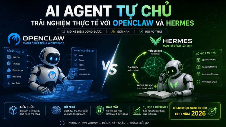So sánh OpenClaw và Hermes Agent: kiến trúc, bộ nhớ, bảo mật, khả năng tự học và khung chọn agent tự chủ năm 2026.