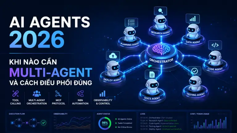 Phân tích AI Agents 2026: tool calling, multi-agent, MCP, n8n, observability và cách chọn kiến trúc đúng.