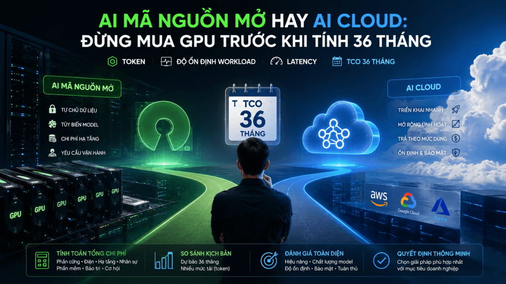 Cách chọn AI mã nguồn mở hay AI cloud theo TCO, token, latency, chất lượng model và năng lực vận hành thực tế.