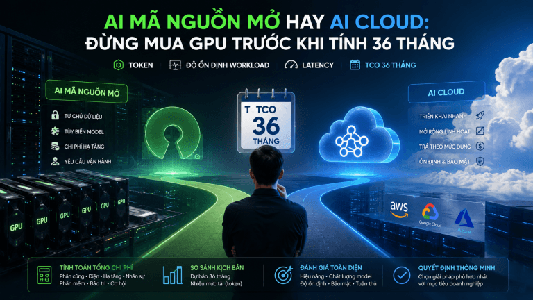 Cách chọn AI mã nguồn mở hay AI cloud theo TCO, token, latency, chất lượng model và năng lực vận hành thực tế.