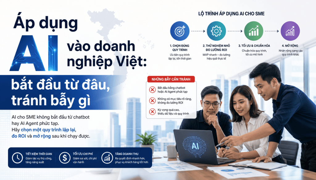 Lộ trình áp dụng AI cho doanh nghiệp Việt: chọn quy trình, tránh bẫy chatbot, xây đội ngũ tinh gọn và đo ROI thực tế.