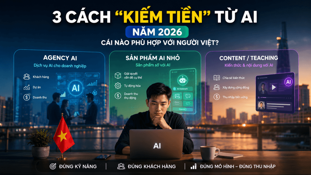So sánh agency AI, sản phẩm AI nhỏ và content/teaching để chọn cách kiếm tiền từ AI phù hợp với người Việt năm 2026.