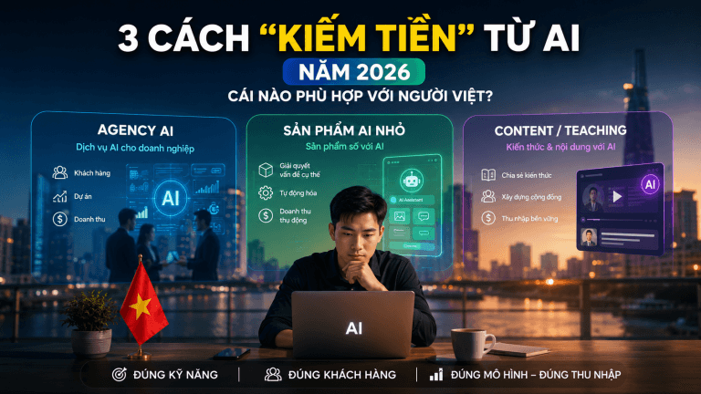 So sánh agency AI, sản phẩm AI nhỏ và content/teaching để chọn cách kiếm tiền từ AI phù hợp với người Việt năm 2026.