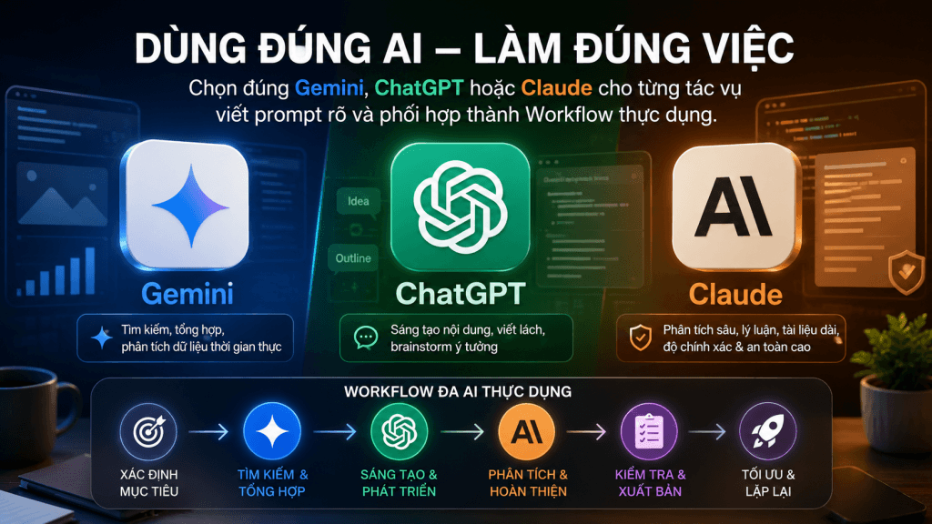 Cách dùng Gemini, ChatGPT và Claude đúng việc: ma trận chọn model, prompt RTCC và Workflow đa AI thực dụng.