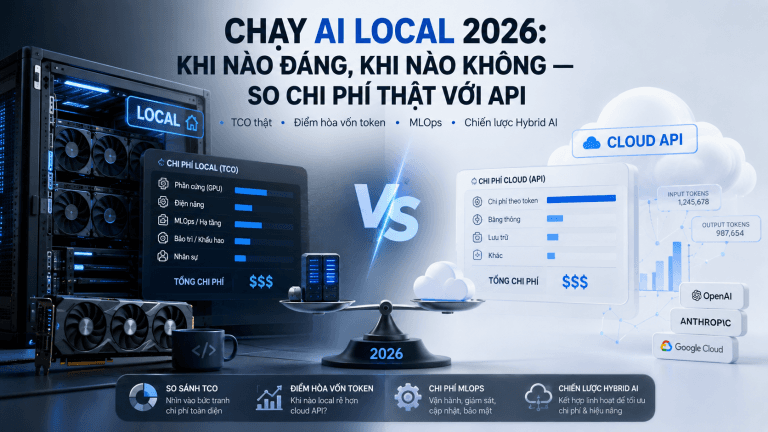 So sánh TCO AI local và Cloud API 2026: GPU, điện, MLOps, token, điểm hòa vốn và kiến trúc Hybrid AI.
