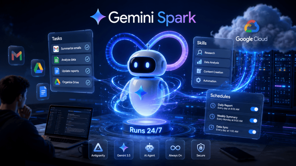 Đánh giá chi tiết Google Gemini Spark AI: kiến trúc Antigravity, khả năng chạy ngầm 24/7 trên Google Cloud, tính năng Tasks, Skills, Schedules.