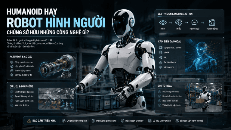Phân tích công nghệ bên trong Humanoid Robot: VLA, cảm biến, actuator, Sim-to-Real và các rào cản triển khai thực tế.