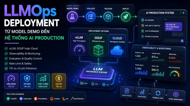 LLMOps deployment với vLLM, GGUF, monitoring, evaluation, rate limit và tối ưu chi phí inference cho hệ thống LLM production.