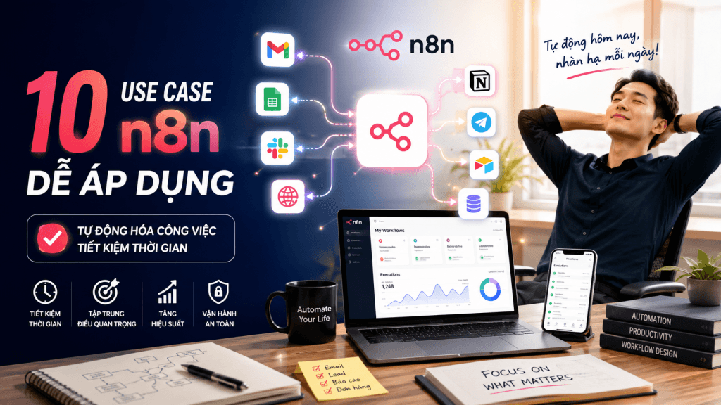 10 use case n8n dễ áp dụng giúp tự động hóa email, nội dung, lead, đơn hàng, báo cáo và vận hành an toàn.