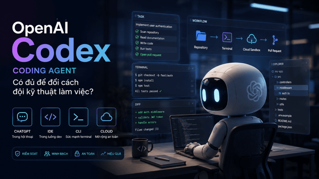 Phân tích OpenAI Codex: coding agent trong ChatGPT, IDE, CLI và cloud; cách dùng, rủi ro, workflow và quyết định triển khai.