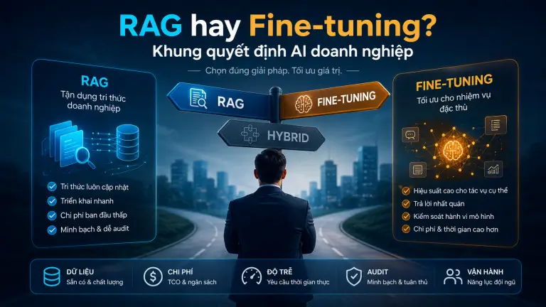 Khung chọn RAG, fine-tuning hoặc hybrid theo dữ liệu, chi phí, độ trễ, khả năng audit và vận hành AI doanh nghiệp.