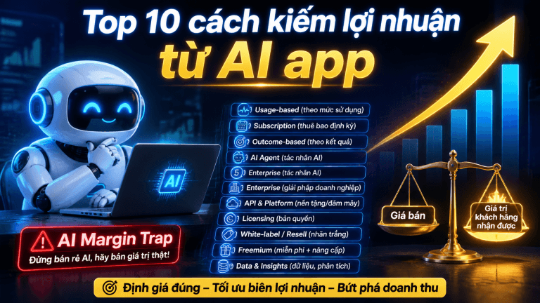 10 cách kiếm lợi nhuận từ AI app: định giá usage, subscription, outcome, Agent, enterprise và tối ưu biên lợi nhuận.