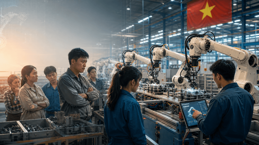 Robot giá rẻ gây áp lực lên lao động phổ thông Việt Nam. Phân tích chi phí, ngành chịu tác động và chính sách tái đào tạo.