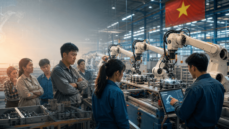 Robot giá rẻ gây áp lực lên lao động phổ thông Việt Nam. Phân tích chi phí, ngành chịu tác động và chính sách tái đào tạo.